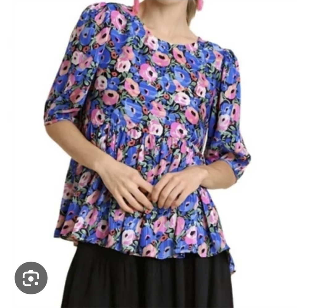 Umgee Blue and Purple Flutter Sleeve Peplum Tiered Blouse Summer Top